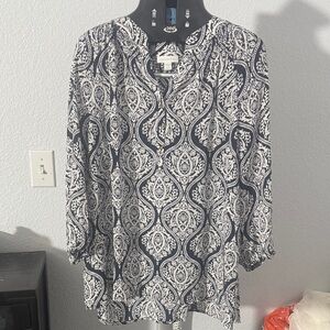 Charter Club Navy and White Patterned Blouse